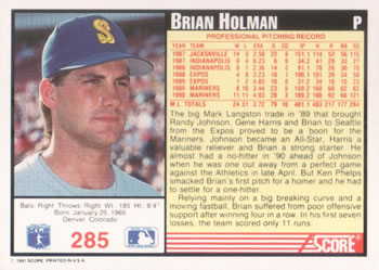 1991 Score #285 Brian Holman Back