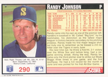 1991 Score #290 Randy Johnson Back
