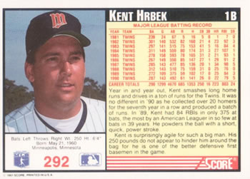 1991 Score #292 Kent Hrbek Back