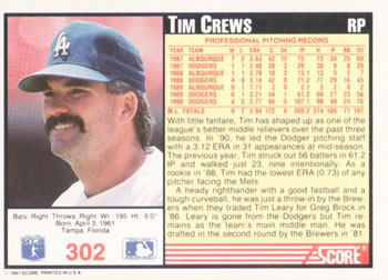 1991 Score #302 Tim Crews Back