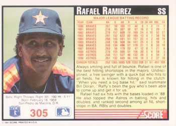 1991 Score #305 Rafael Ramirez Back