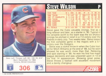 1991 Score #306 Steve Wilson Back