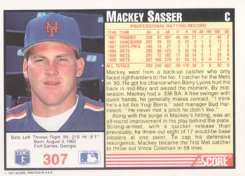 1991 Score #307 Mackey Sasser Back