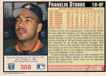 1991 Score #308 Franklin Stubbs Back