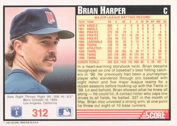 1991 Score #312 Brian Harper Back