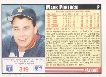 1991 Score #319 Mark Portugal Back