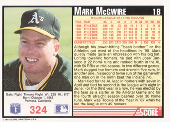 1991 Score #324 Mark McGwire Back