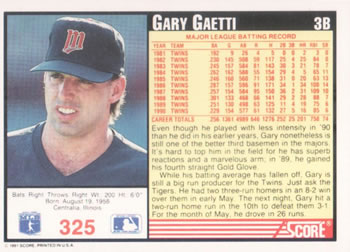 1991 Score #325 Gary Gaetti Back