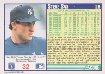 1991 Score #32 Steve Sax Back