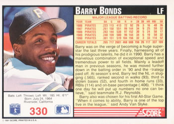 1991 Score #330 Barry Bonds Back