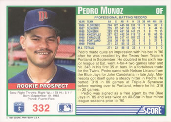 1991 Score #332 Pedro Munoz Back