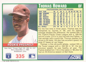 1991 Score #335 Thomas Howard Back