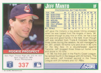 1991 Score #337 Jeff Manto Back