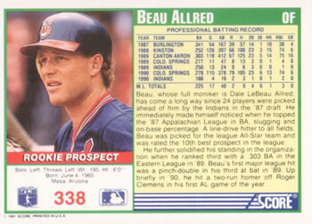 1991 Score #338 Beau Allred Back
