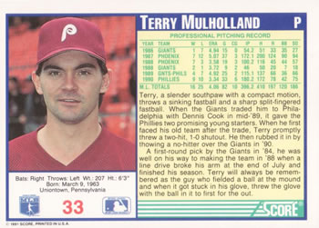 1991 Score #33 Terry Mulholland Back
