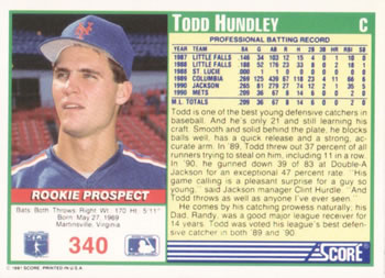 1991 Score #340 Todd Hundley Back