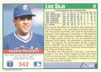 1991 Score #342 Luis Sojo Back