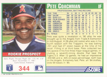 1991 Score #344 Pete Coachman Back