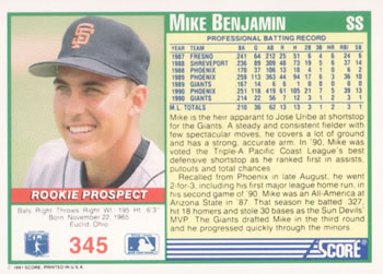 1991 Score #345 Mike Benjamin Back