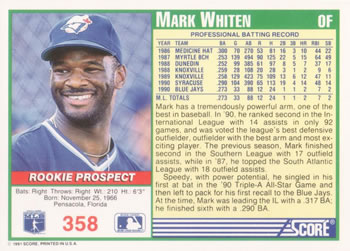 1991 Score #358 Mark Whiten Back