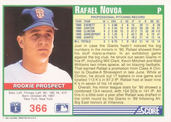 1991 Score #366 Rafael Novoa Back