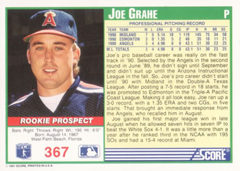 1991 Score #367 Joe Grahe Back