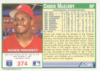 1991 Score #374 Chuck McElroy Back