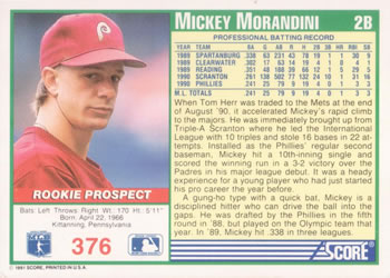 1991 Score #376 Mickey Morandini Back