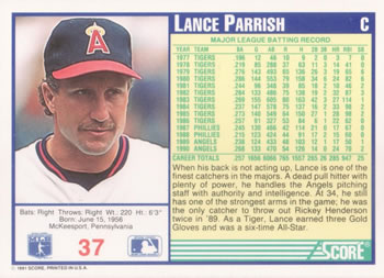 1991 Score #37 Lance Parrish Back