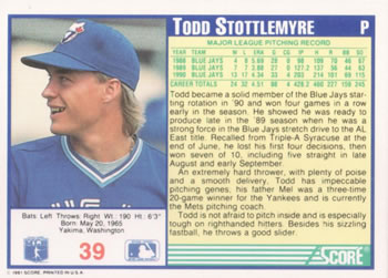 1991 Score #39 Todd Stottlemyre Back
