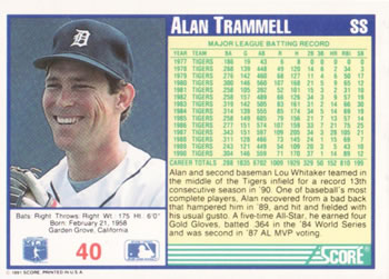 1991 Score #40 Alan Trammell Back