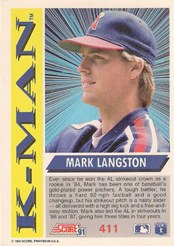 1991 Score #411 Mark Langston Back
