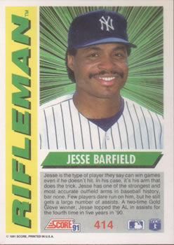 1991 Score #414 Jesse Barfield Back
