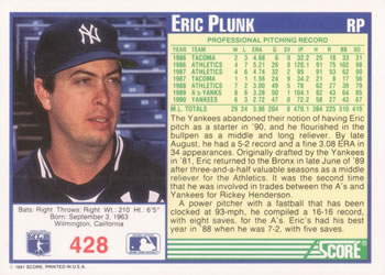 1991 Score #428 Eric Plunk Back
