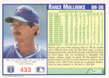 1991 Score #433 Rance Mulliniks Back