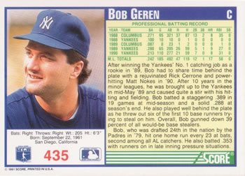 1991 Score #435 Bob Geren Back