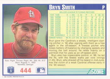 1991 Score #444 Bryn Smith Back