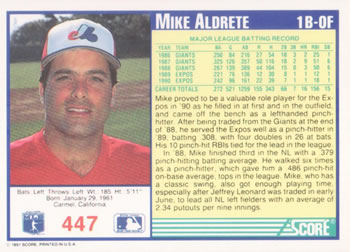 1991 Score #447 Mike Aldrete Back