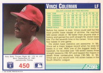 1991 Score #450 Vince Coleman Back
