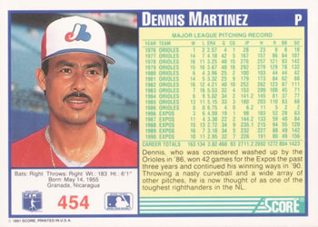 1991 Score #454 Dennis Martinez Back
