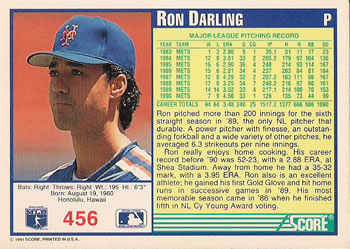 1991 Score #456 Ron Darling Back