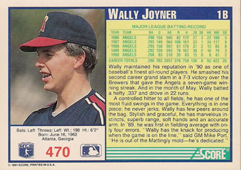 1991 Score #470 Wally Joyner Back