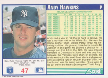 1991 Score #47 Andy Hawkins Back