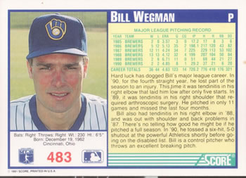 1991 Score #483 Bill Wegman Back