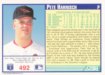 1991 Score #492 Pete Harnisch Back
