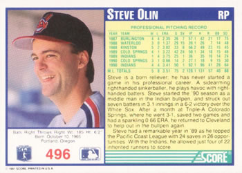 1991 Score #496 Steve Olin Back