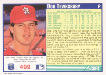 1991 Score #499 Bob Tewksbury Back