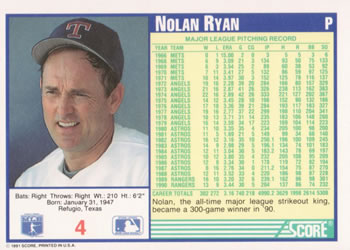 1991 Score #4 Nolan Ryan Back