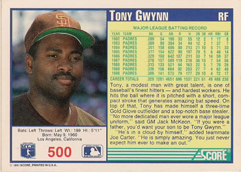 1991 Score #500 Tony Gwynn Back