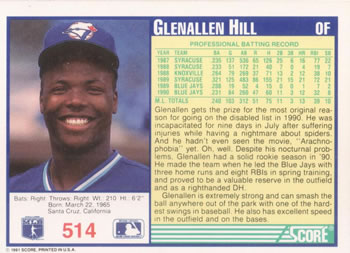 1991 Score #514 Glenallen Hill Back
